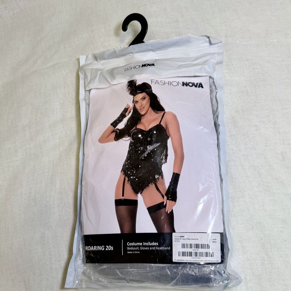 Fashion Nova NWT Roaring 20s Flapper Costume 3-Piece Set Black 1X/2X NEW